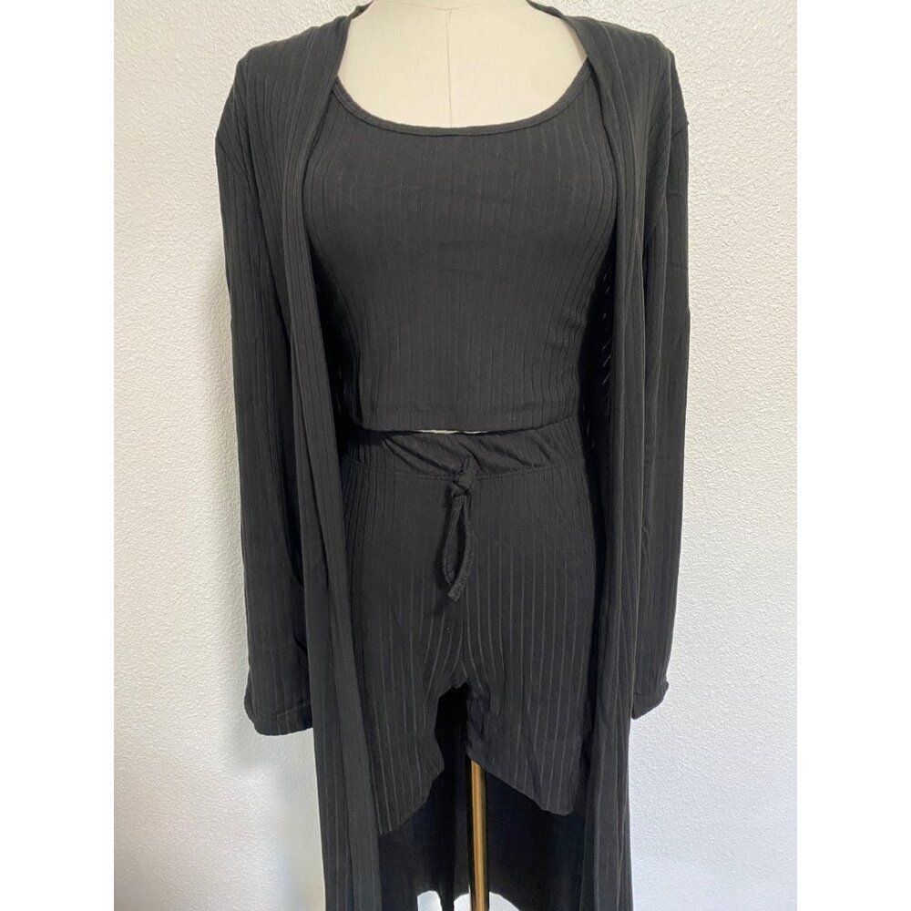 3 PCS Ribbed Knit Lounge Set Shorts & Cardigan Black size Large